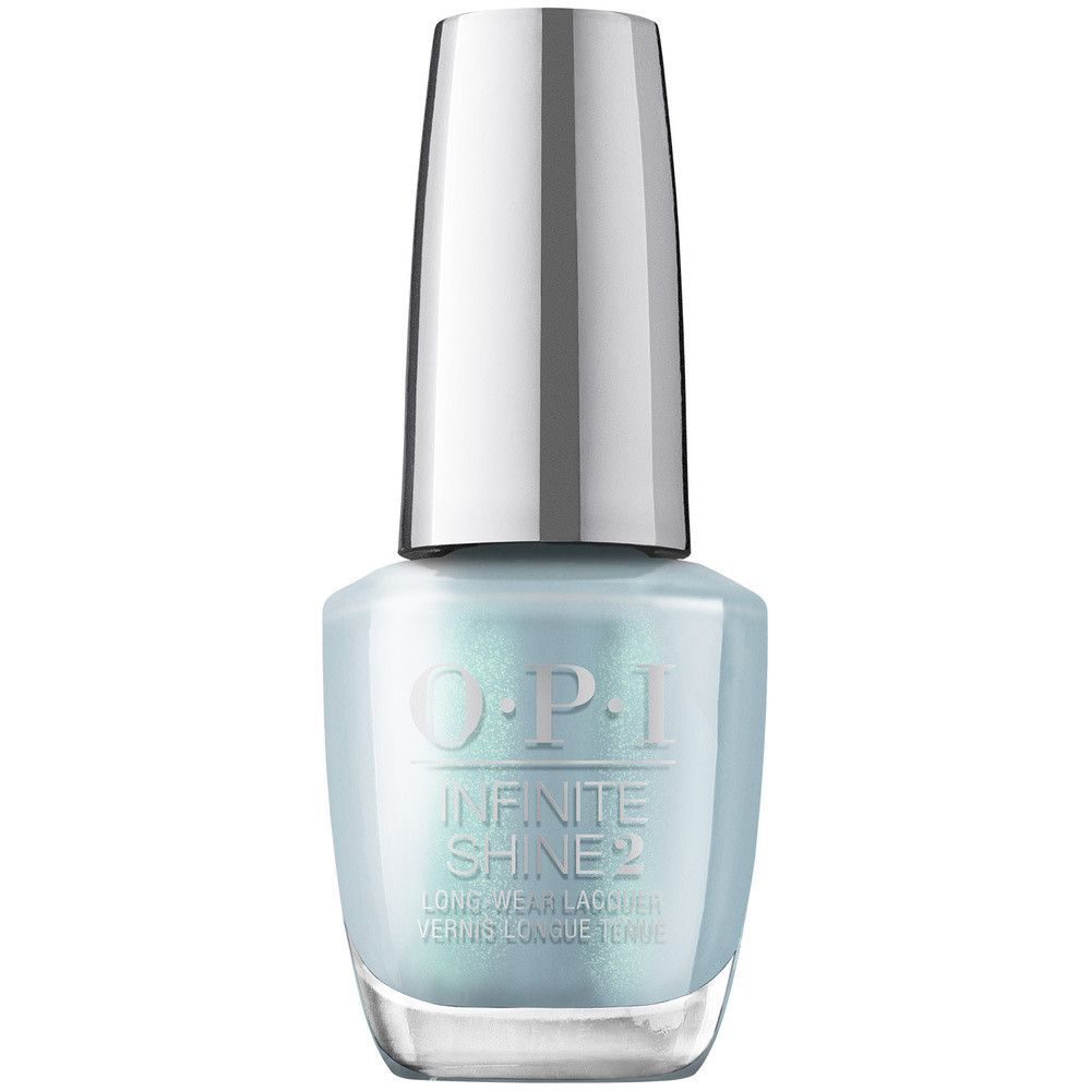 Hellblauer Nagellack in einer Glasflasche mit silbernem Deckel. Auf der Flasche steht "OPI Infinite Shine 2".