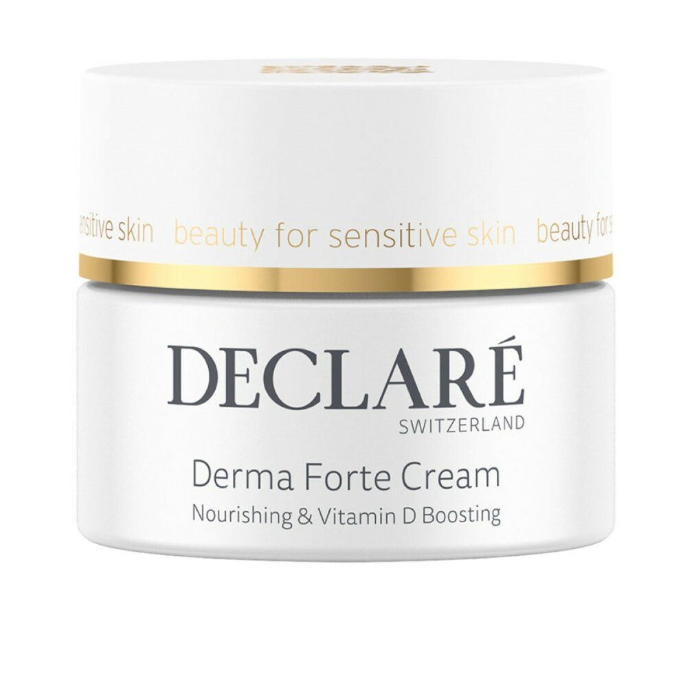 Weißer Tiegel mit goldfarbenem Deckel. Beschriftung: DECLARÉ SWITZERLAND, Derma Forte Cream, Nourishing & Vitamin D Boosting.