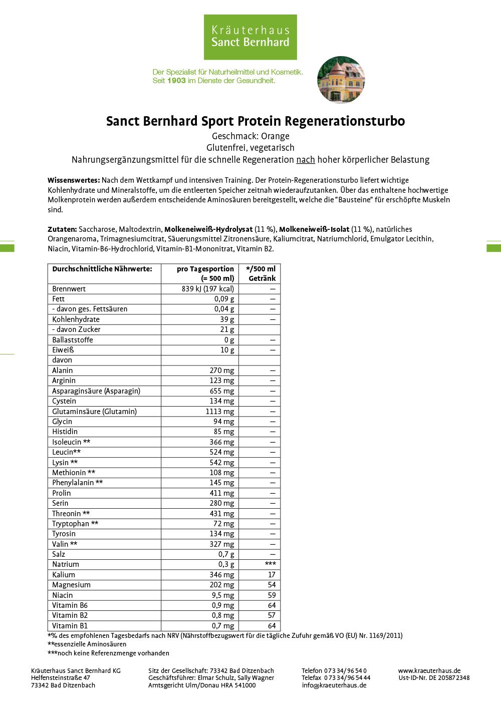 Produktinformationen zu Sanct Bernhard Sport Protein Regenerationsturbo. Text mit Nährwertangaben, Zutaten und Verzehrempfehlung. Hintergrund: weiß.