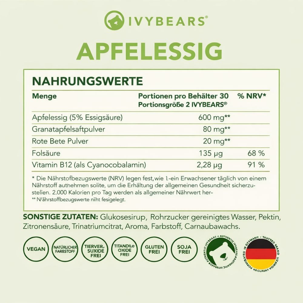 Nährwerttabelle für Apfelessig. Enthält: Apfelessig, Granatapfelsaftpulver, Rote Bete Pulver, Folsäure, Vitamin B12. Zusätzliche Zutaten: Glukosesirup, Rohrzucker, Wasser, Pektin.