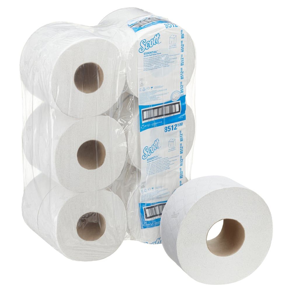 Packung mit Toilettenpapierrollen. Einzelne Rolle daneben. Marke Scott Essential, blaue Verpackung.