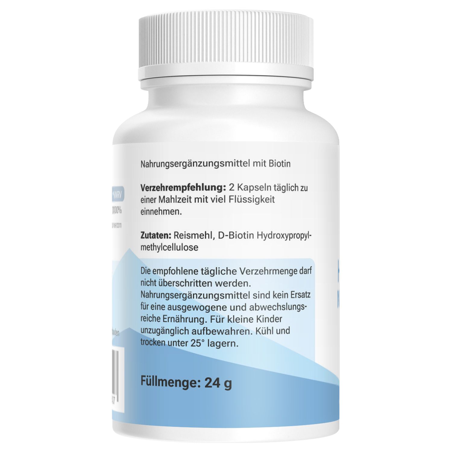 Rückseite einer weißen Flasche. Text: Nahrungsergänzungsmittel mit Biotin. Zutaten, Verzehrempfehlung, Füllmenge: 24 g.