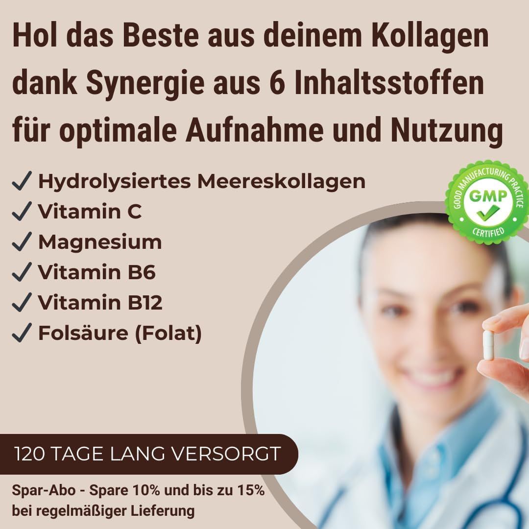 Eine Frau hält eine Kapsel. Text: Hydrolysiertes Meereskollagen, Vitamin C, Magnesium, Vitamin B6, B12, Folsäure. GMP-Zertifizierung.