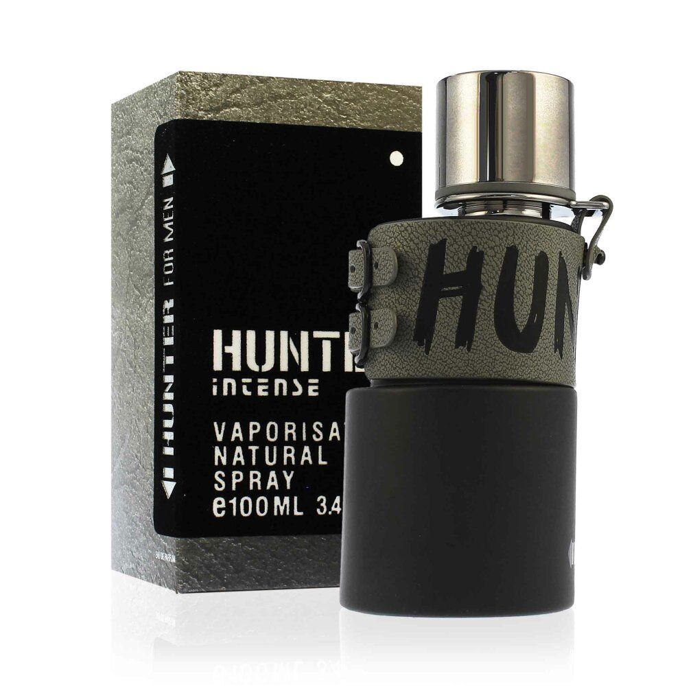 Schwarzer Flakon mit silbernem Deckel und Lederband. Verpackung mit Text: HUNTER INTENSE, Vaporisateur Natural Spray.