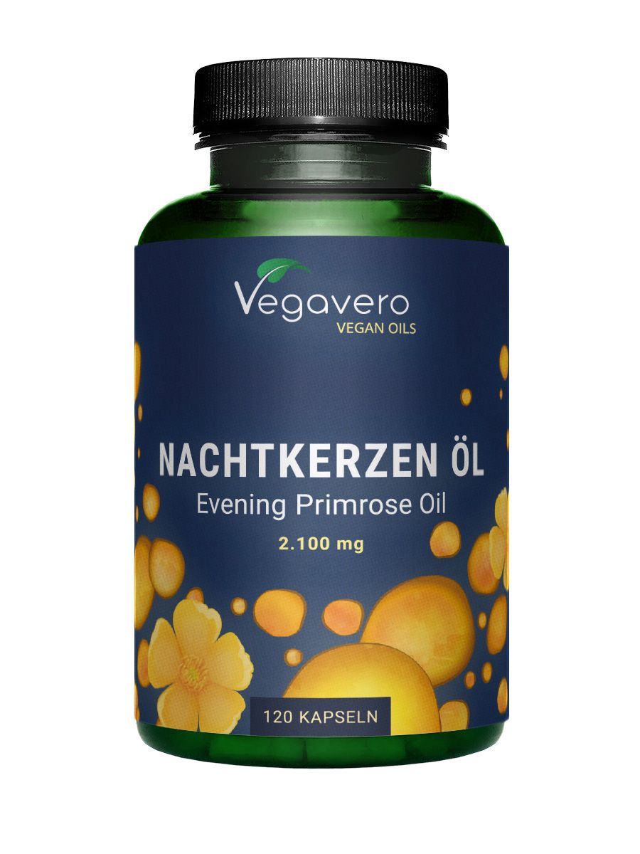 Grüne Flasche mit schwarzem Deckel. Aufschrift: Nachtkerzen Öl, 120 Kapseln. Vegavaro Logo.