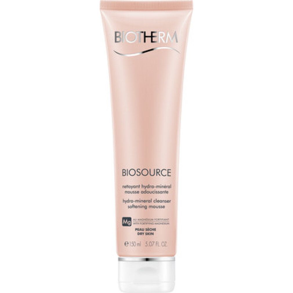 Rosa Tube mit weißem Verschluss. Aufschrift: Biotherm, Biosource, hydro-mineral cleanser softening mousse. Für trockene Haut.