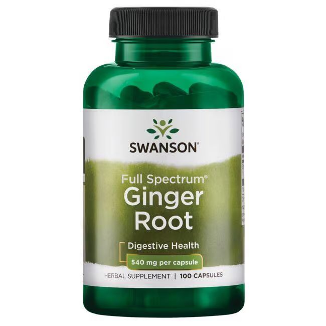 Grüne Flasche mit schwarzem Deckel. Etikett mit "SWANSON", "Ginger Root", "540 mg per capsule" und "100 Capsules".