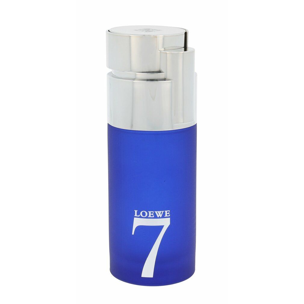 Blauer Parfümflakon mit silbernem Verschluss. Aufschrift "LOEWE 7".