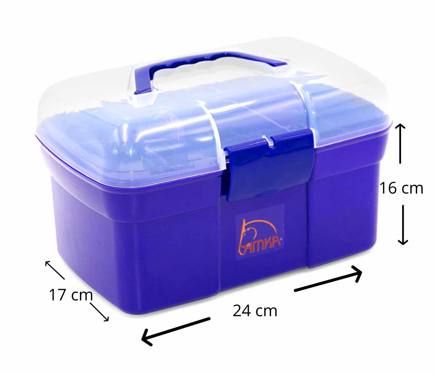 Blaue Putzbox mit transparentem Deckel. Maße: 24x17x16 cm. Mit Griff und AMKA Logo.