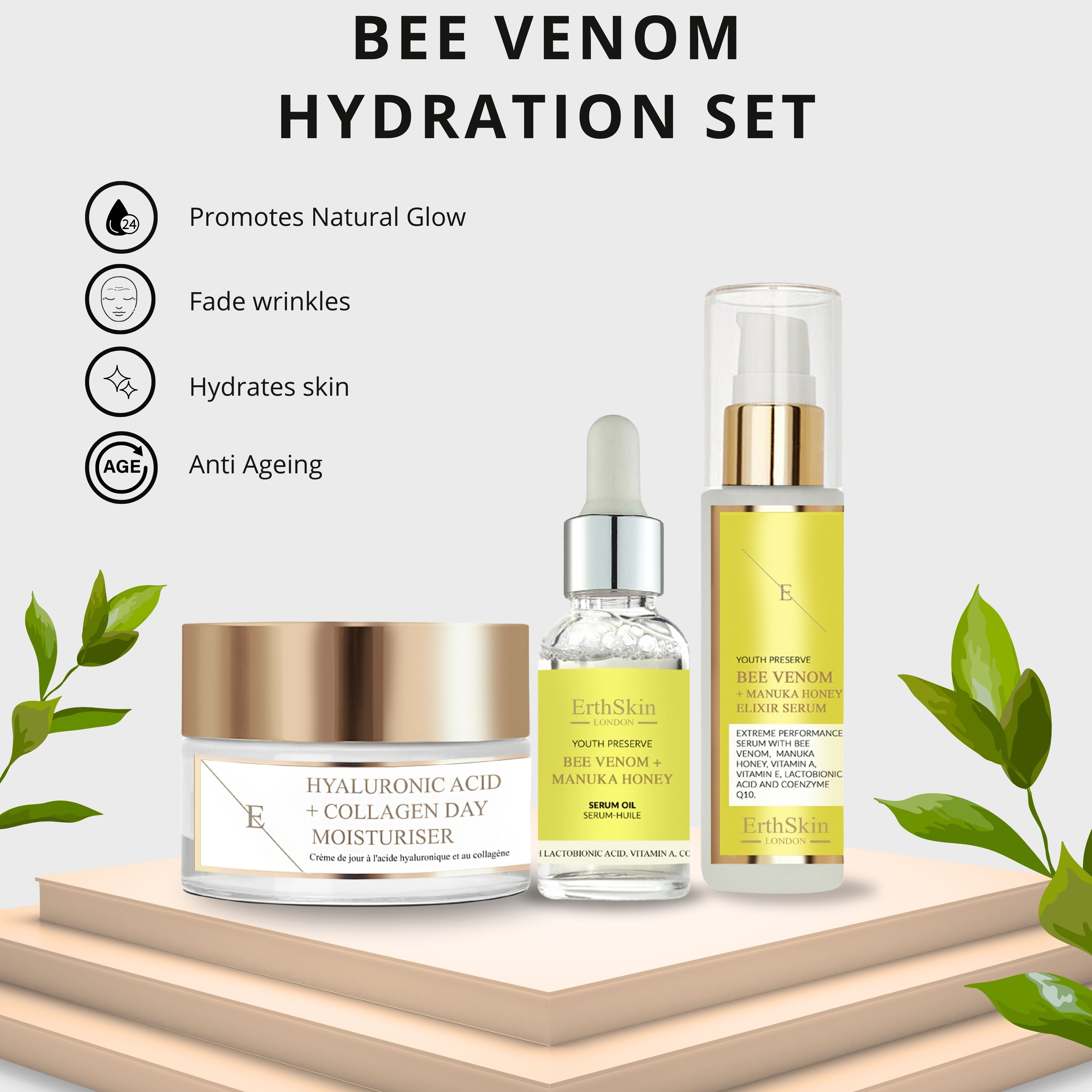 ErthSkin London Tagescreme mit Hyaluronsäure und Kollagen + Elixir-Serum + Serumöl