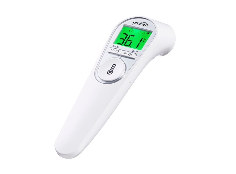 Infrarot-Thermometer. Weißes Gerät mit Display. Temperaturanzeige: 36,1°C. Oben: "promed".