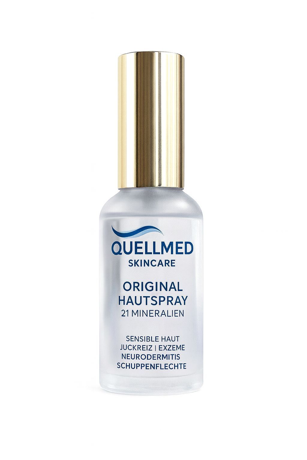 Quellmed Hautspray-Flasche mit goldfarbenem Deckel. Aufschrift: Original Hautspray, 21 Mineralien. Für sensible Haut.
