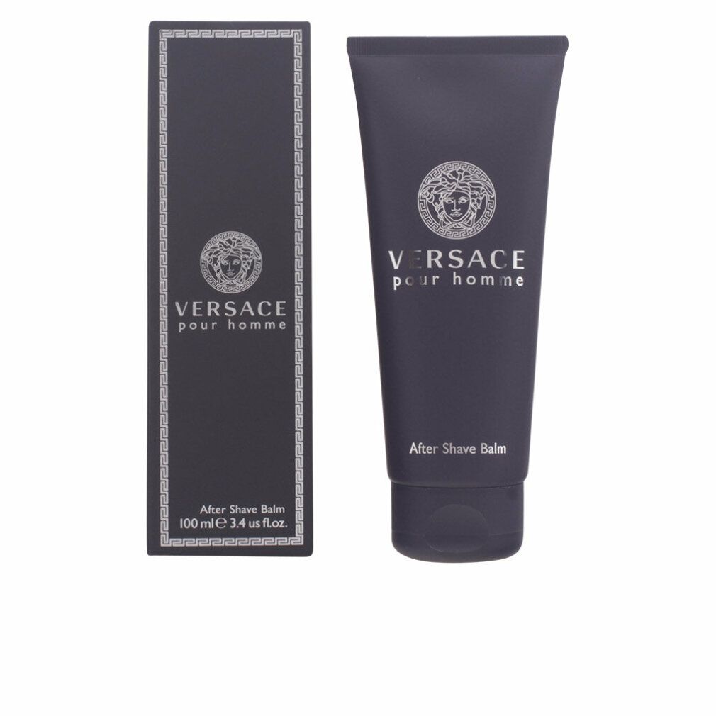 Dunkelblaue Tube und Schachtel. Aufschrift: VERSACE pour homme, After Shave Balm. Silbernes Logo und Schrift.
