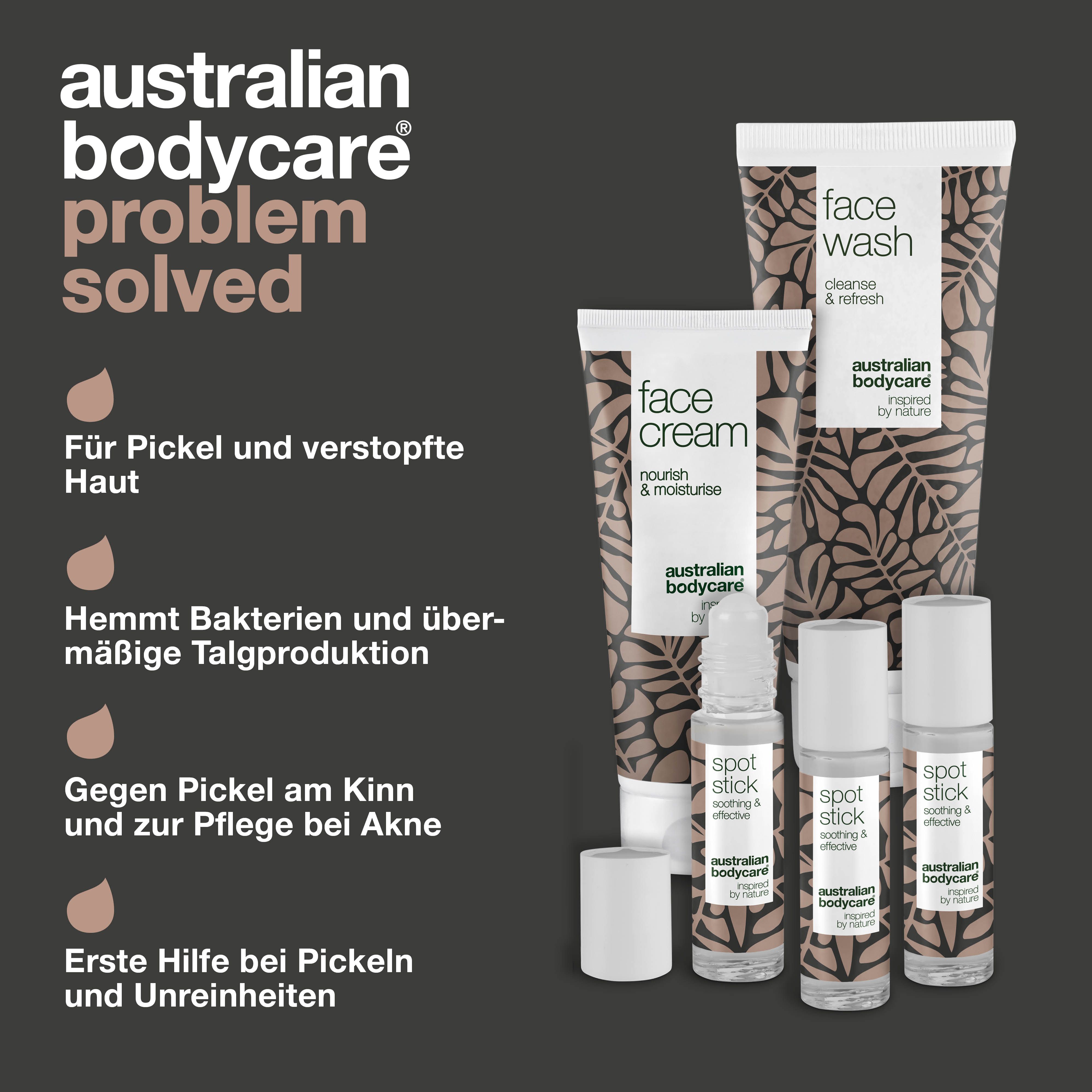 Produkte: Face Wash, Face Cream, Spot Stick. Text: Problem gelöst. Informationen zu den Produkten.