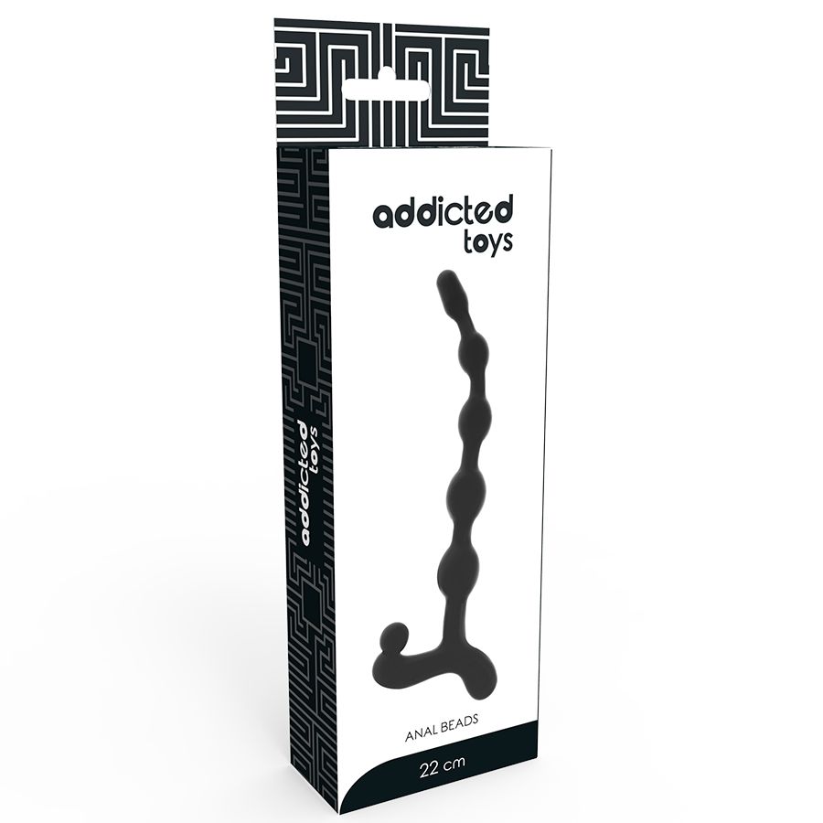 Verpackung von Addicted Toys. Schwarze Box mit Produktabbildung. Aufschrift 'ANAL BEADS' und '22 cm'.