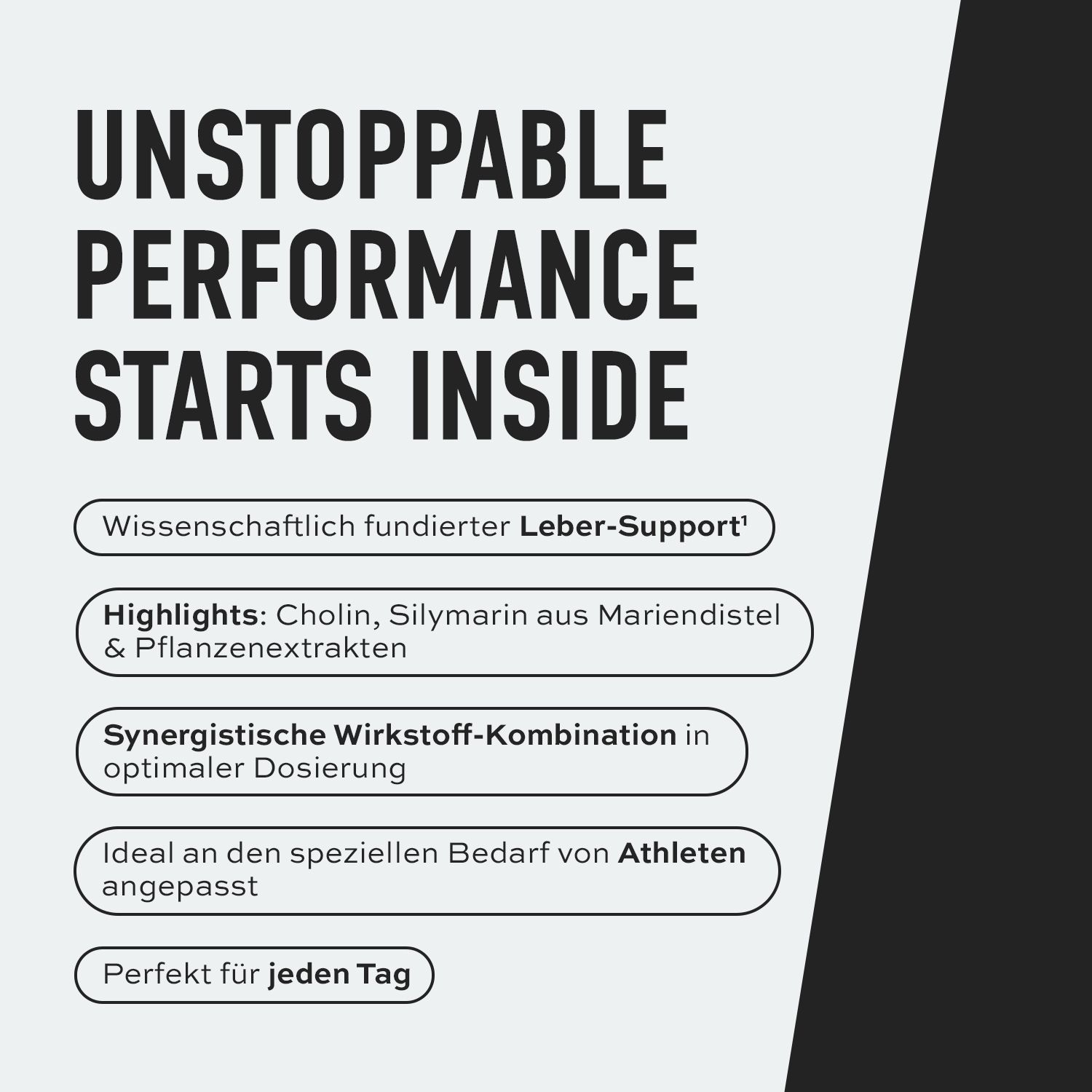 Text: UNSTOPPABLE PERFORMANCE STARTS INSIDE. Wissenschaftlich fundierter Leber-Support. Highlights: Cholin, Silymarin. Perfekt für jeden Tag.