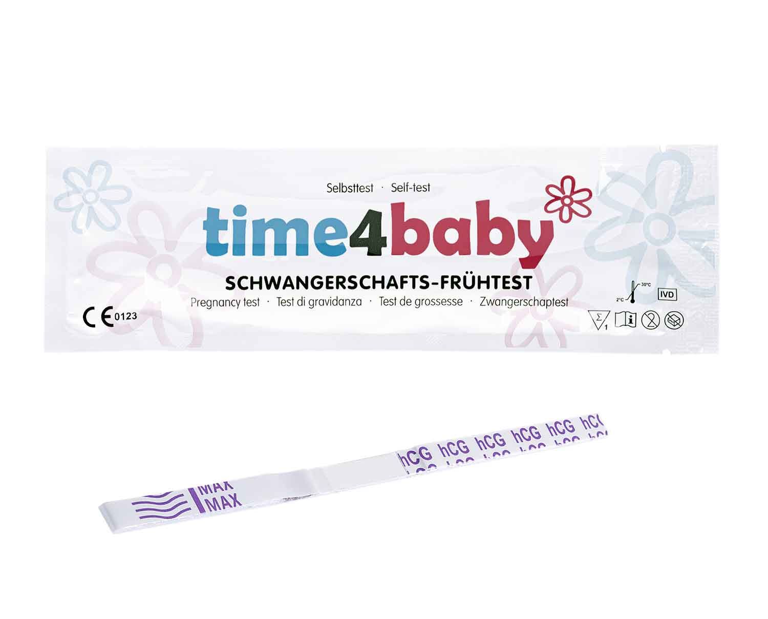 Verpackung mit Teststreifen. Aufschrift: time4baby, Schwangerschafts-Frühtest. Streifen mit Markierungen.