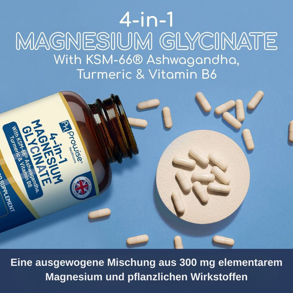 Flasche mit Kapseln und Kapseln auf einem Untersetzer. Aufschrift: 4-in-1 Magnesiumglycinat mit KSM-66® Ashwagandha, Kurkuma & Vitamin B6. Text: Ausgewogene Mischung.