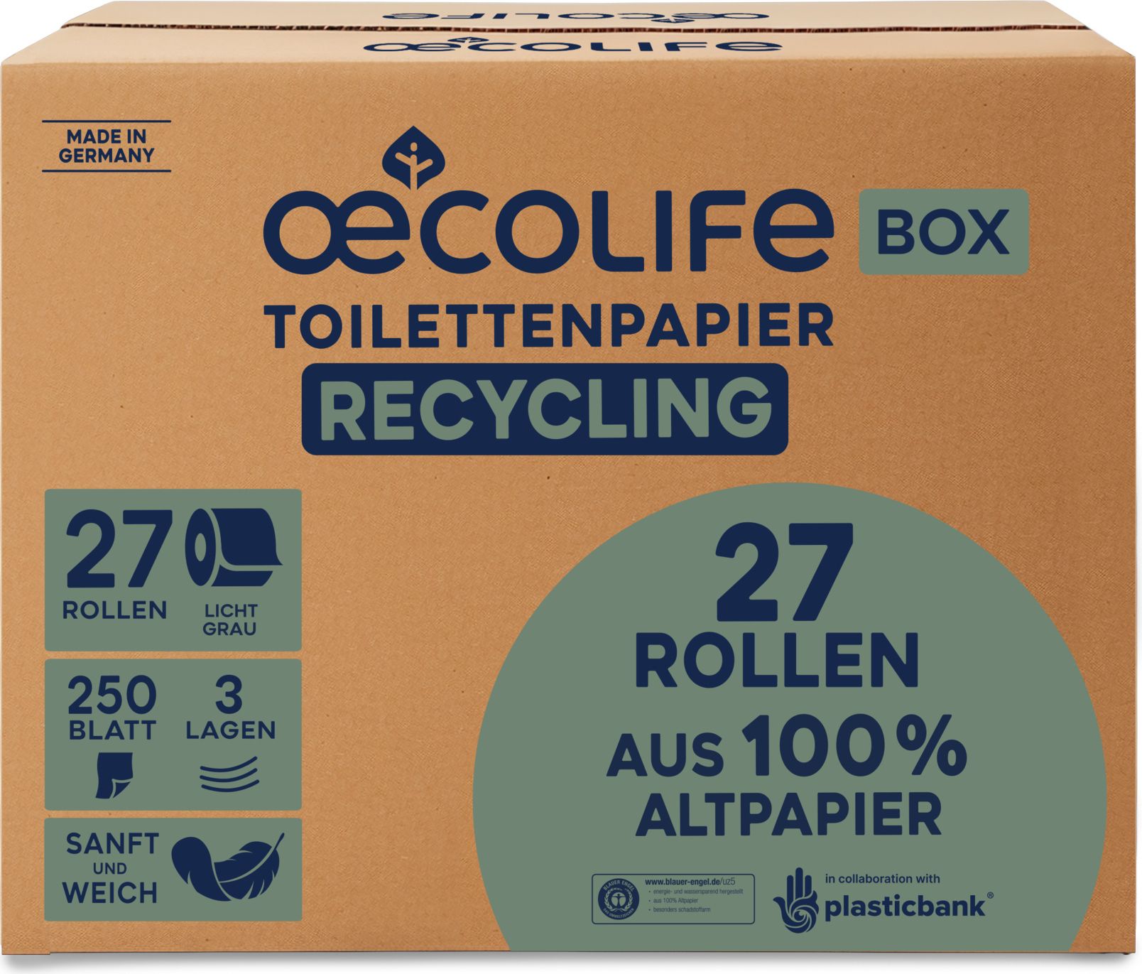 Oecolife Recycling Toilettenpapier Box: 27 Rollen, 250 Blatt, 3 Lagen, aus 100% Altpapier.