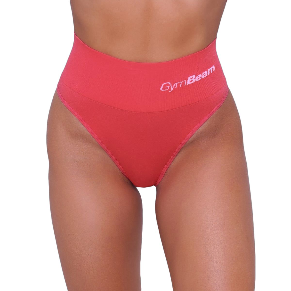 Roter Brazilian Slip mit hohem Bund und GymBeam Logo.