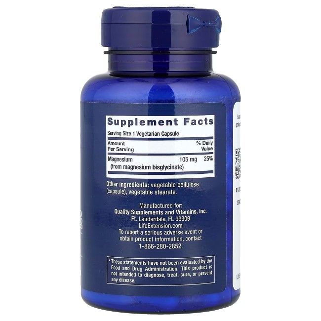 Rückseite der Life Extension Magnesium Glycinate Flasche mit Nährwertangaben.