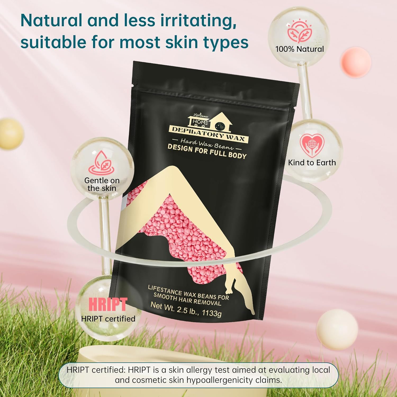 Schwarze Verpackung mit rosa Wachsperlen. Text: Lifestance, Enthaarungswachs, Design für den ganzen Körper. HRIPT-zertifiziert.
