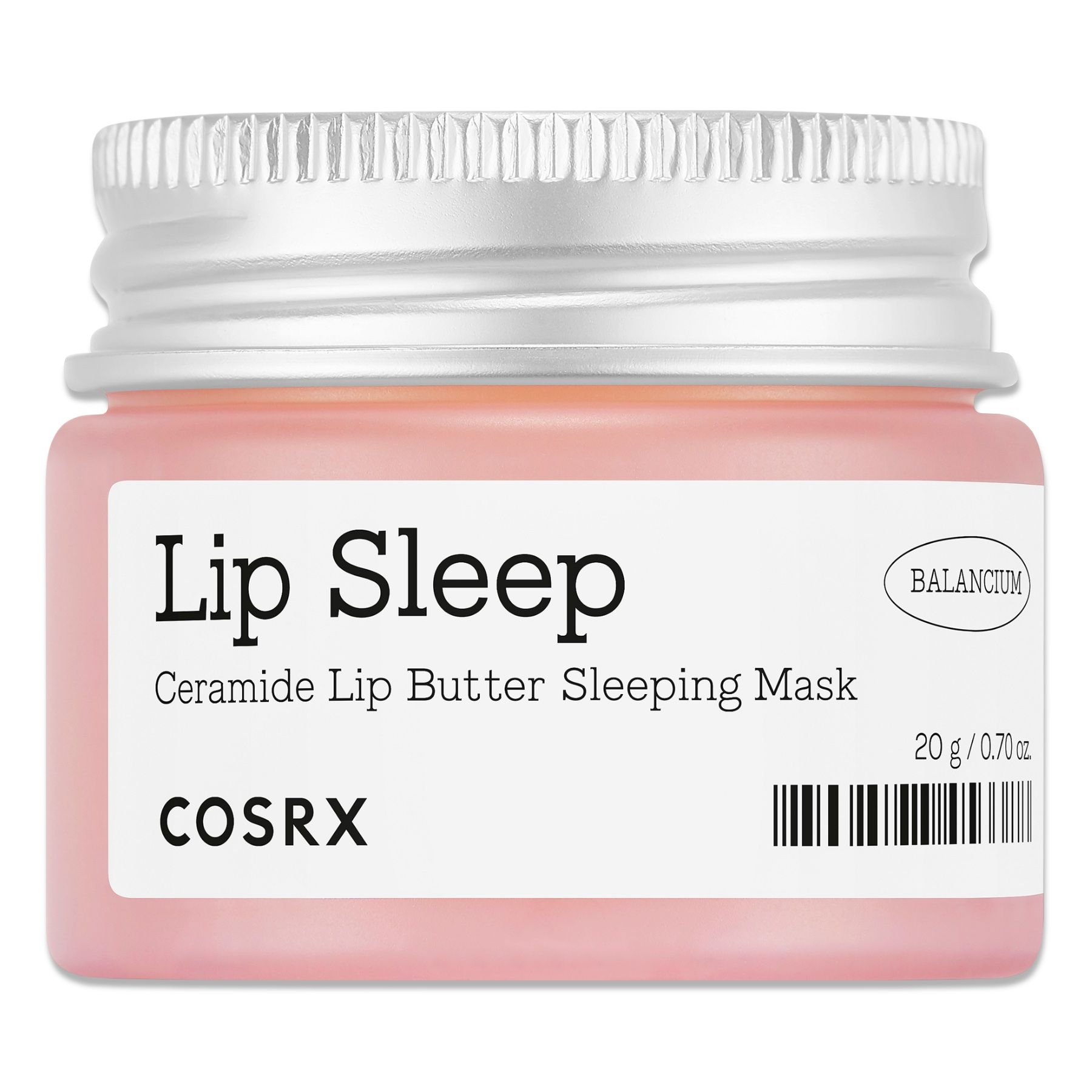 Rosa Tiegel mit silbernem Deckel. Aufkleber mit "Lip Sleep", "COSRX" und Produktinformationen.