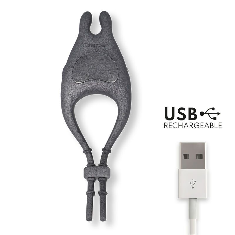 Grauer Vibratorring mit Klitorisstimulator. USB-Ladekabel. Text: USB RECHARGEABLE.