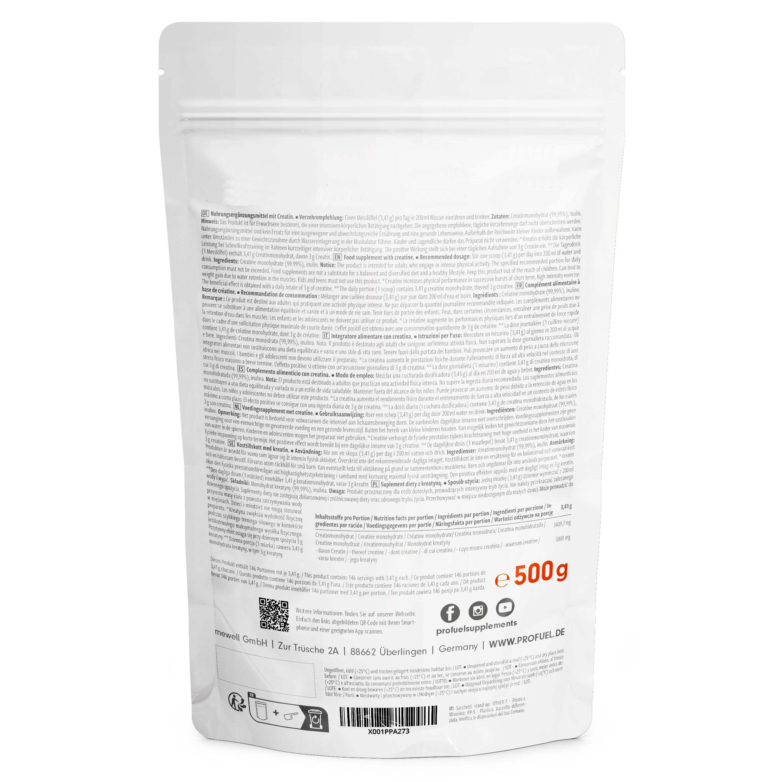 Rückseite einer weißen Tüte mit Produktinformationen. Text und Logos.