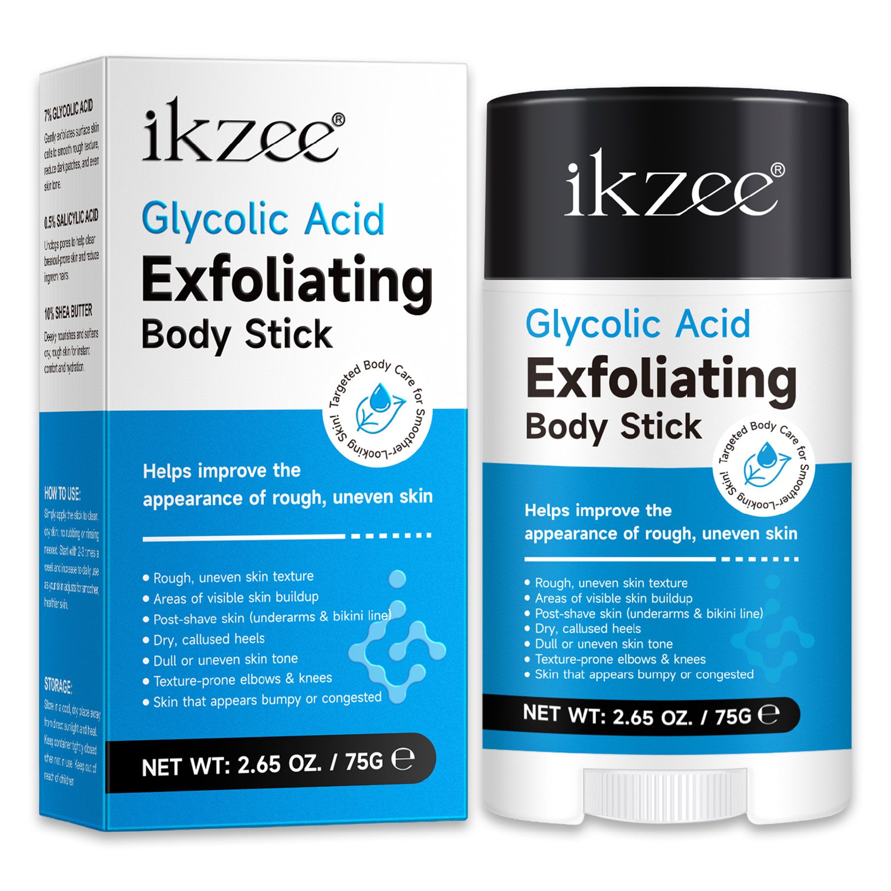 Produktverpackung und Stick. Aufschrift: Glykolsäure Exfoliating Body Stick. Enthält 75g. Marke: ikzee. Hilft bei rauer, unebener Haut.