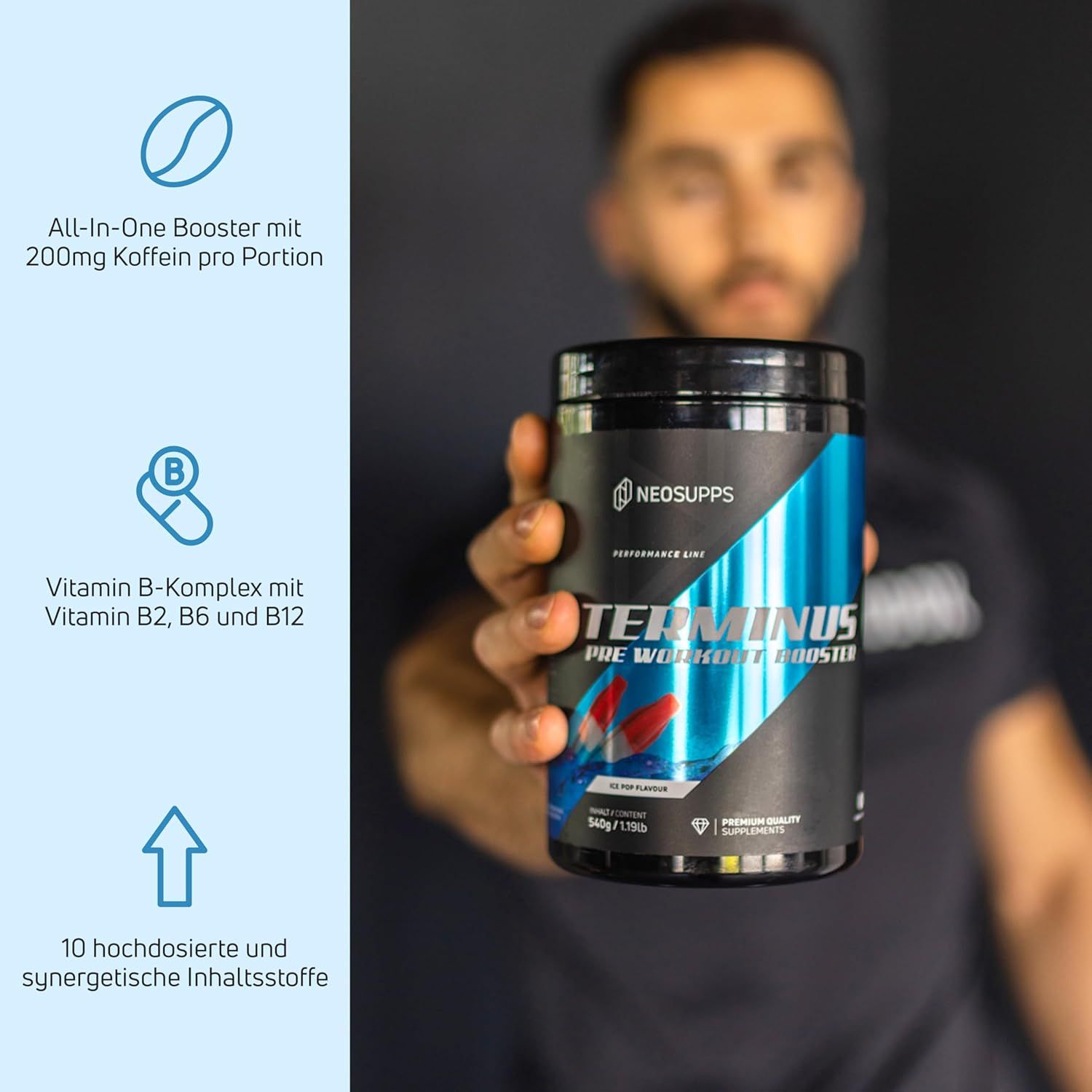 Schwarze Dose mit blauem Etikett. Aufschrift: Terminus Booster, Neosupps. Mann hält Dose. Text: All-in-One Booster, Vitamin B-Komplex.