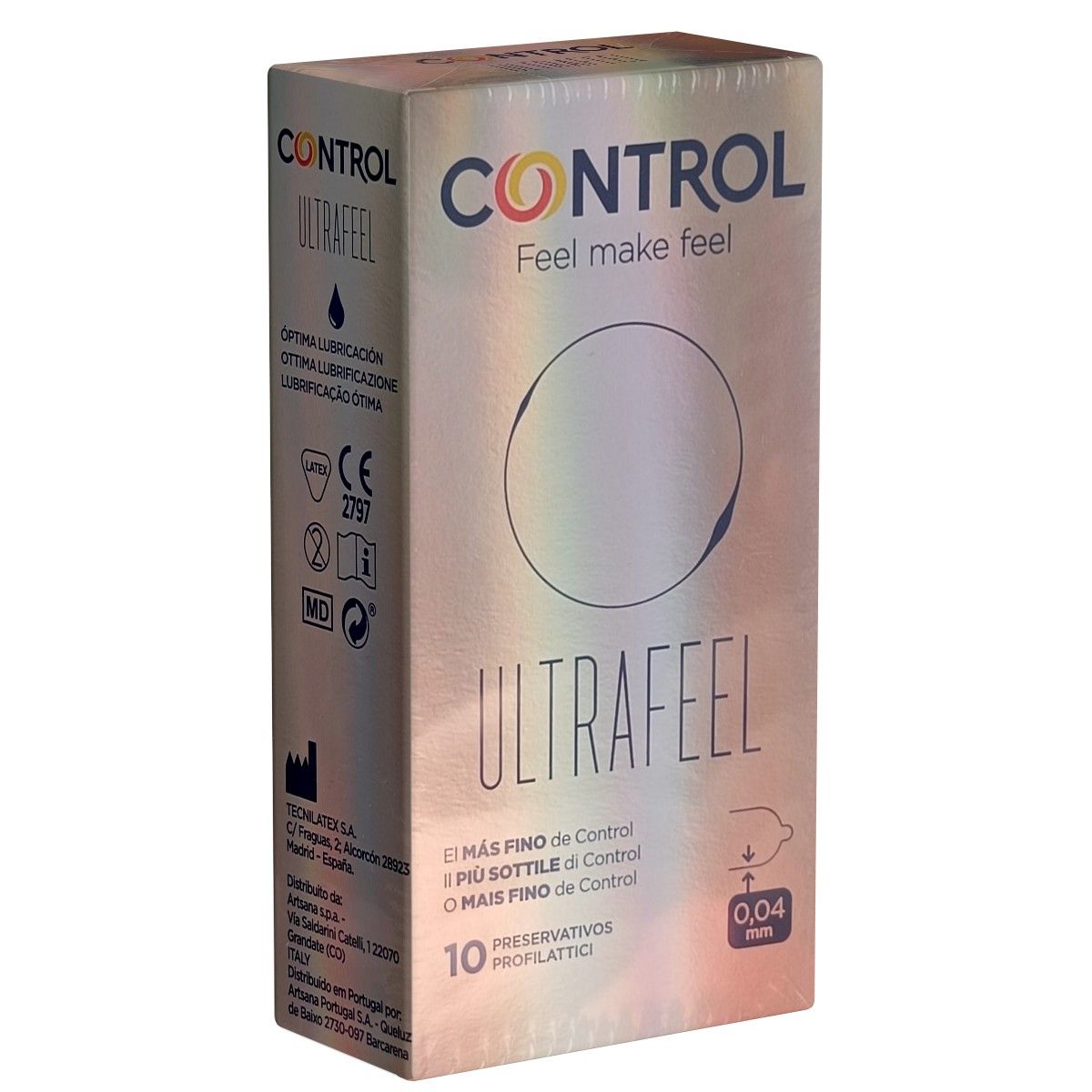 Schachtel mit Produktname CONTROL ULTRAFEEL. Enthält 10 Kondome. Text in Spanisch, Italienisch und Portugiesisch. Dicke 0,04 mm.