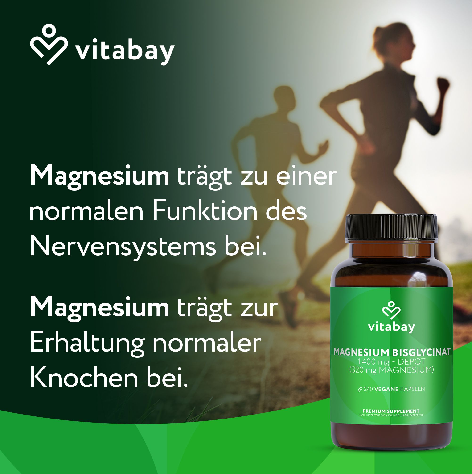Vitabay Magnesium Bisglycinat Flasche vor Läufern. Für Nervensystem und Knochen.
