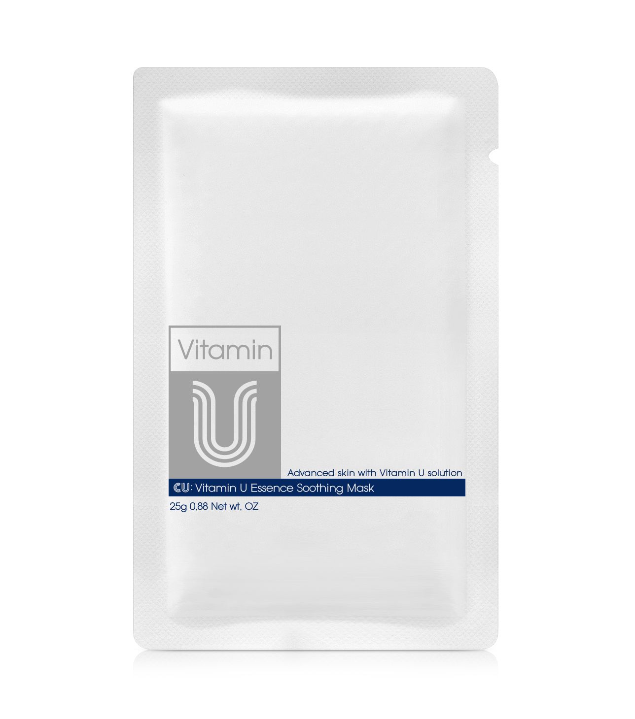 Verpackung der CUSKIN Vitamin U Essence Soothing Mask. Weißes Sachet mit Produktinformationen und Logo.