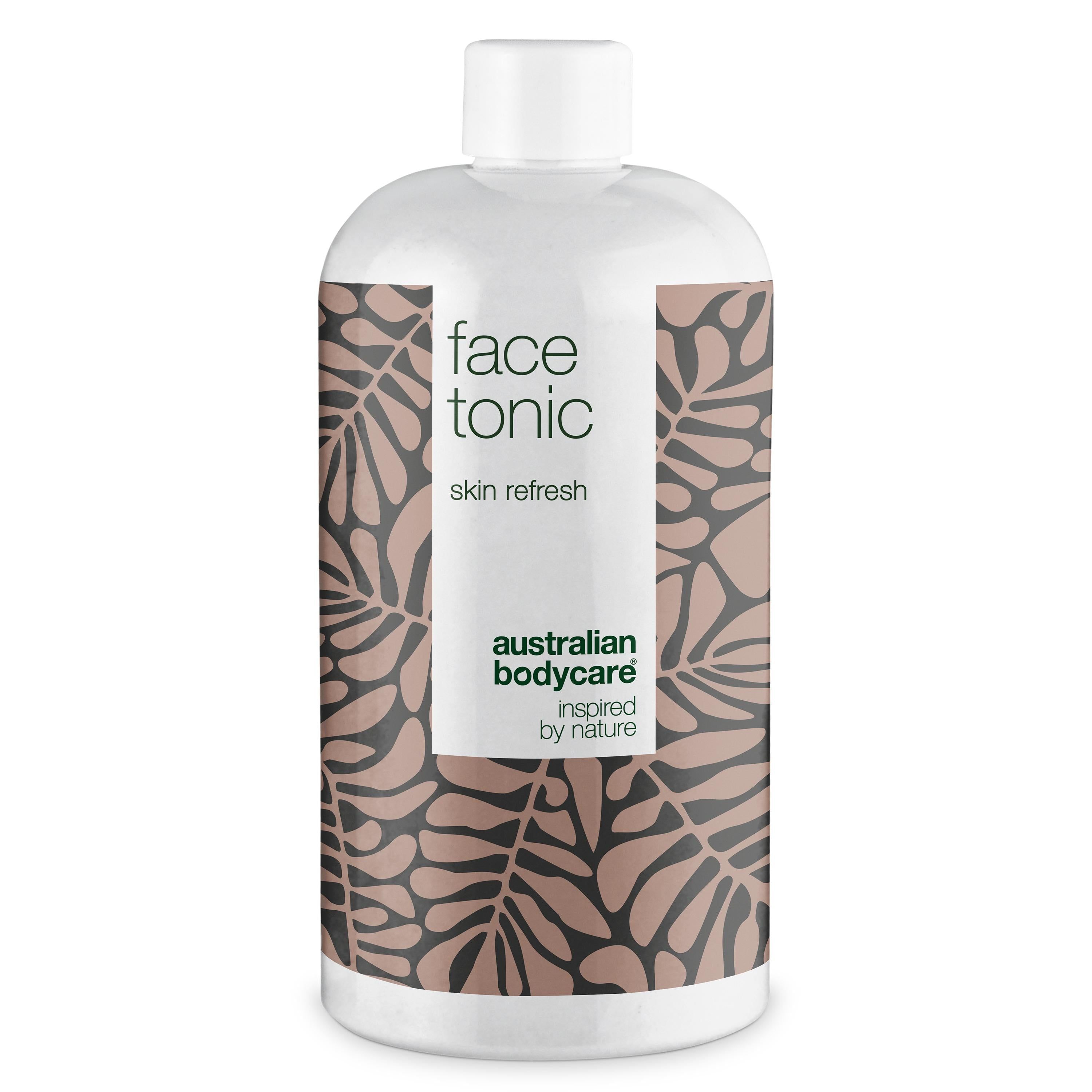 Weißes Gesichtswasser mit braunem Blattmuster. Aufschrift: face tonic, skin refresh, Australian Bodycare.
