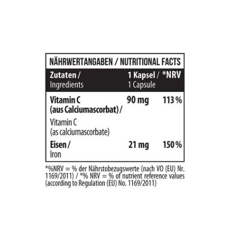 Nährwertangaben: Vitamin C 90mg, Eisen 21mg. Pro Kapsel. %NRV-Werte.
