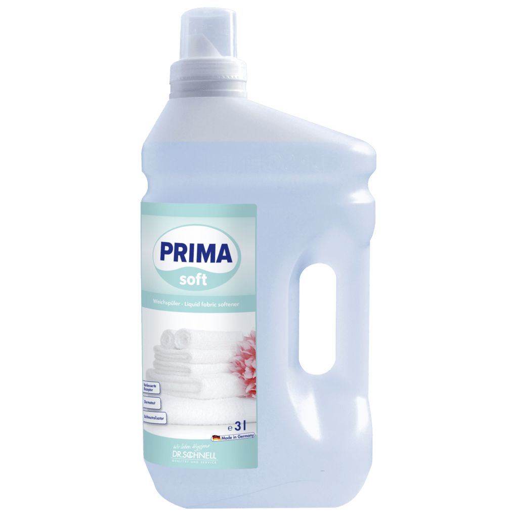 Weichspüler-Flasche, hellblau. Aufkleber mit PRIMA soft, Abbildung von Handtüchern und Blume. 3l-Angabe und Made in Germany.