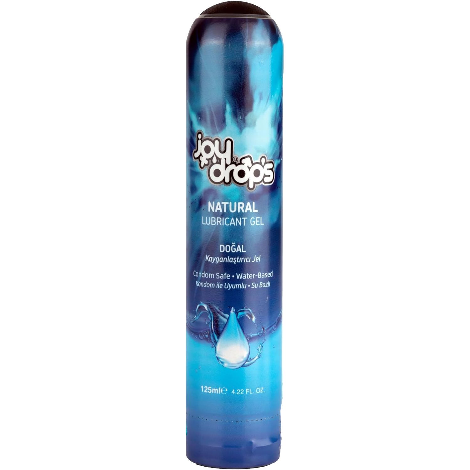 Joydrops Natural Lubricant Gel Flasche, blau mit Wassertropfen-Design. Wasserbasiert, Kondom-sicher.
