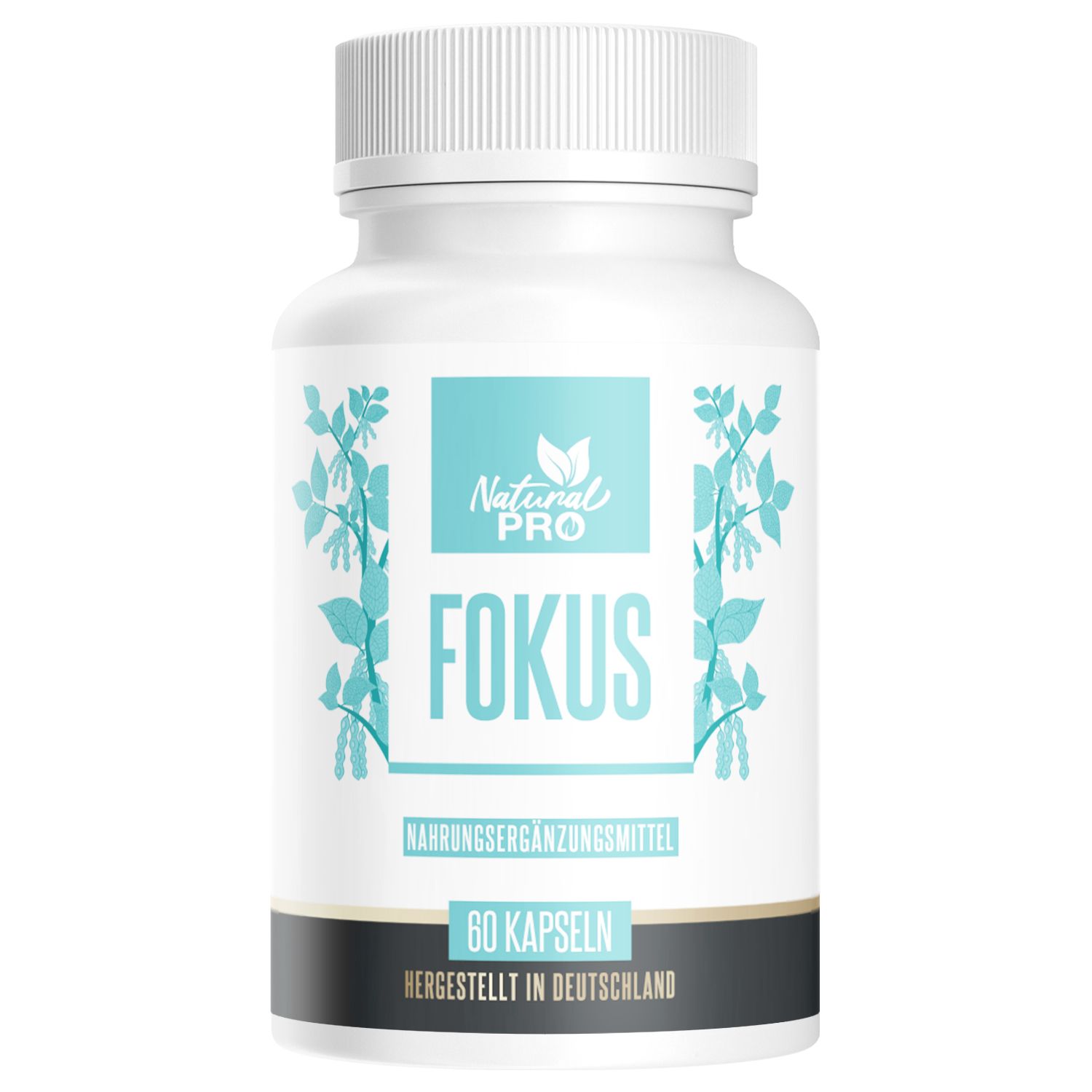Weiße Flasche mit blauem Etikett. Aufschrift: FOKUS, Natural Pro, Nahrungsergänzungsmittel, 60 Kapseln. Hergestellt in Deutschland.