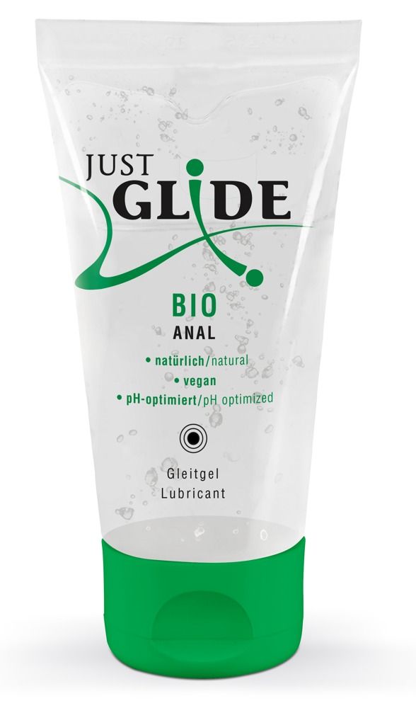 Transparente Tube mit grünem Verschluss. Aufschrift: JUST GLIDE BIO ANAL. Zusätzliche Angaben: natürlich/natural, vegan, pH-optimiert.