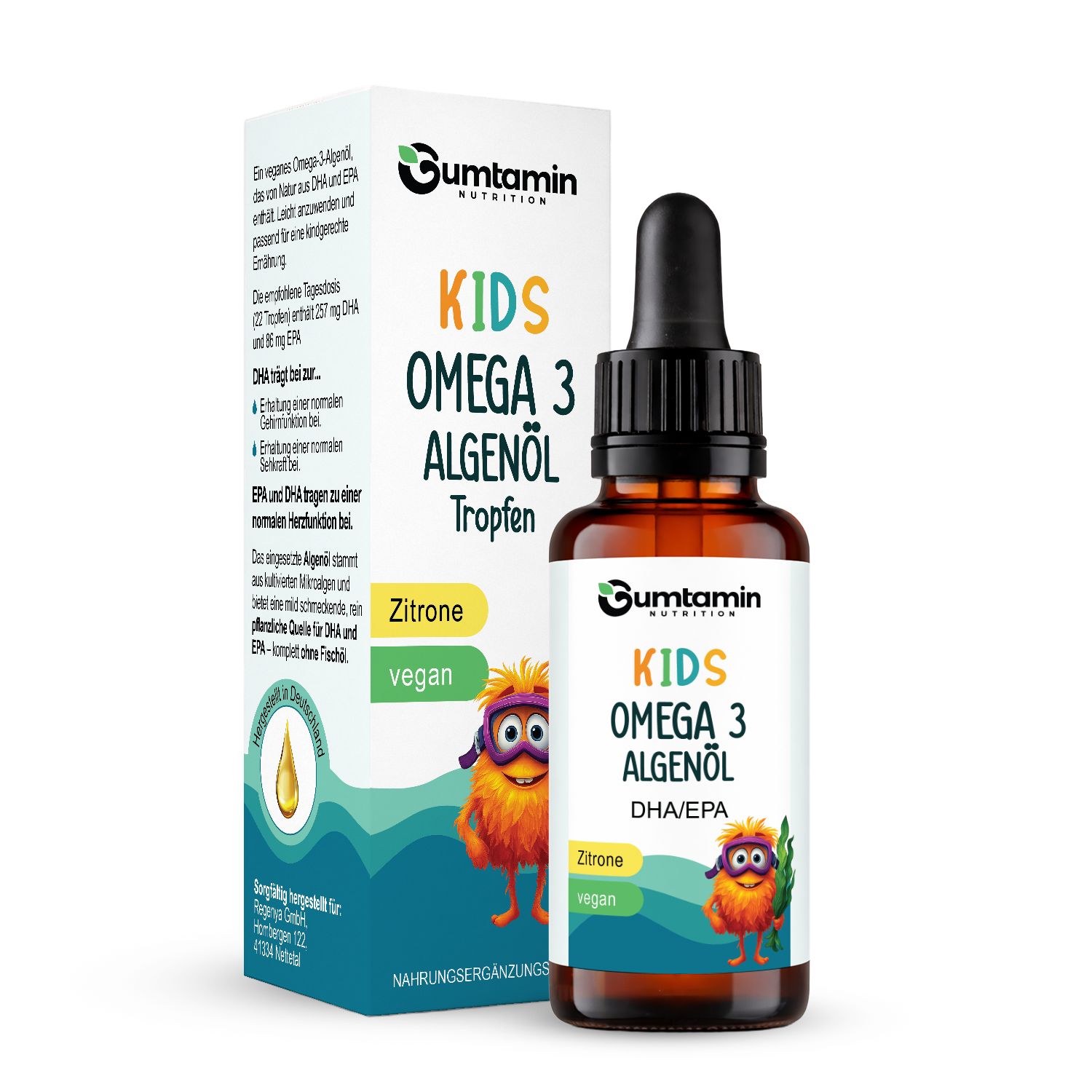 Braune Glasflasche mit schwarzem Tropfer und Karton. Aufschrift: Gumtamin Kids Omega 3 Algenöl. Mit Zitrone und vegan.