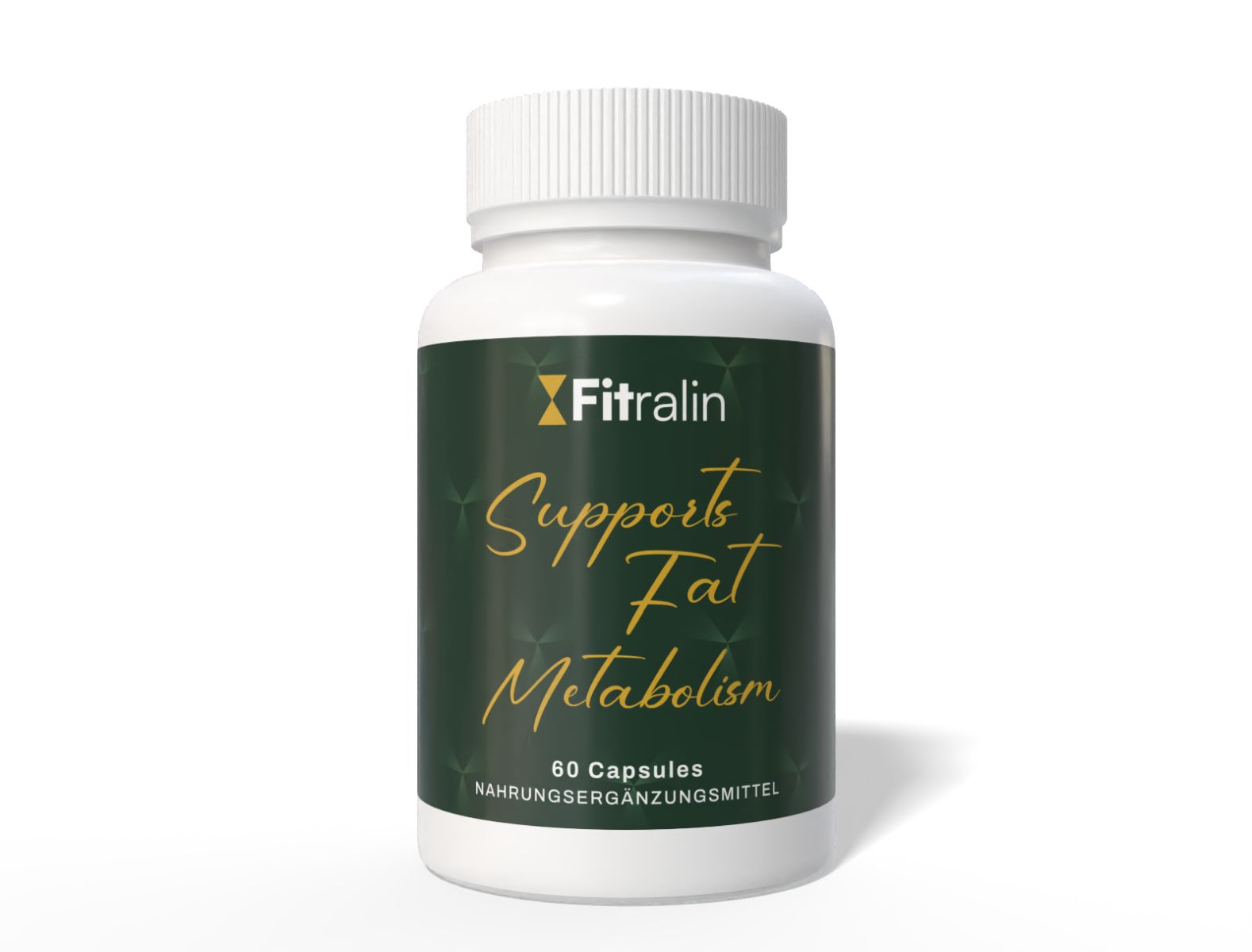 Ein Fitralin Kapselbehälter, der "Supports Fat Metabolism" anzeigt.