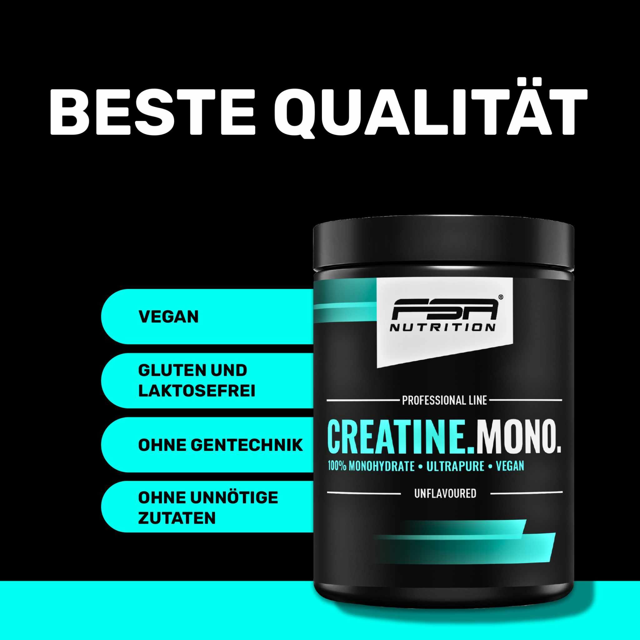Schwarze Dose mit FSA NUTRITION CREATINE.MONO. Text: Vegan, Gluten- und laktosefrei, Ohne Gentechnik, Ohne unnötige Zutaten. Beste Qualität.