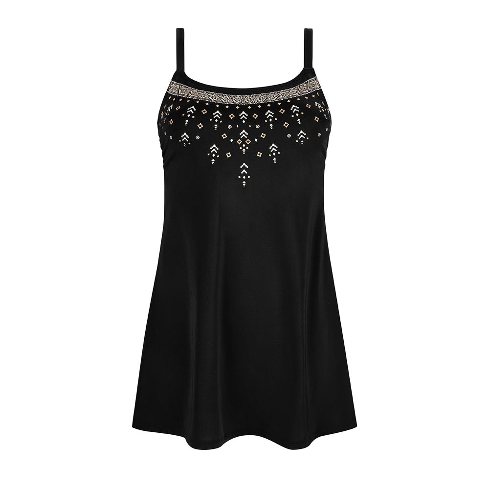 Schwarzes Badekleid mit verstellbaren Trägern und Zierdetails am Ausschnitt. A-Linien-Schnitt.