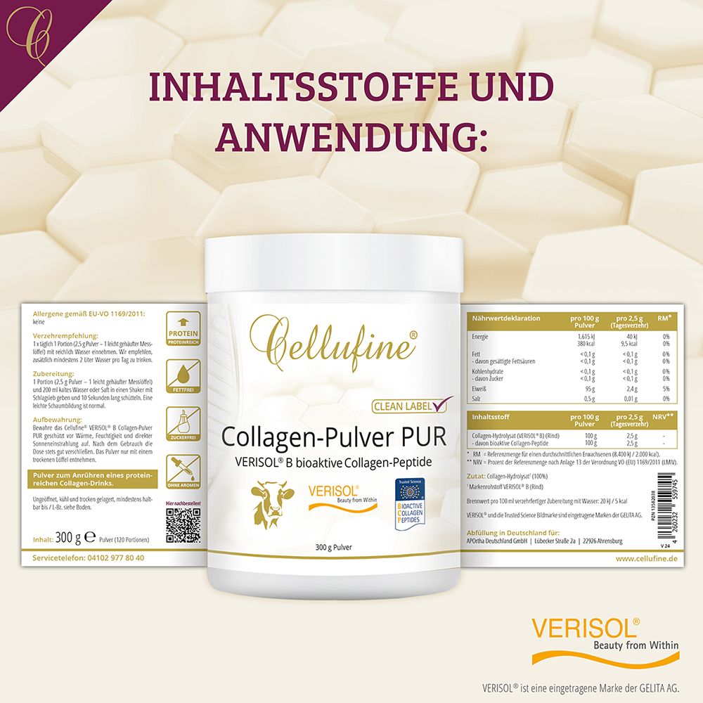 Produktabbildung mit Dose Cellufine Collagen-Pulver PUR, daneben Infokarten mit Inhaltsstoffen und Nährwertangaben.