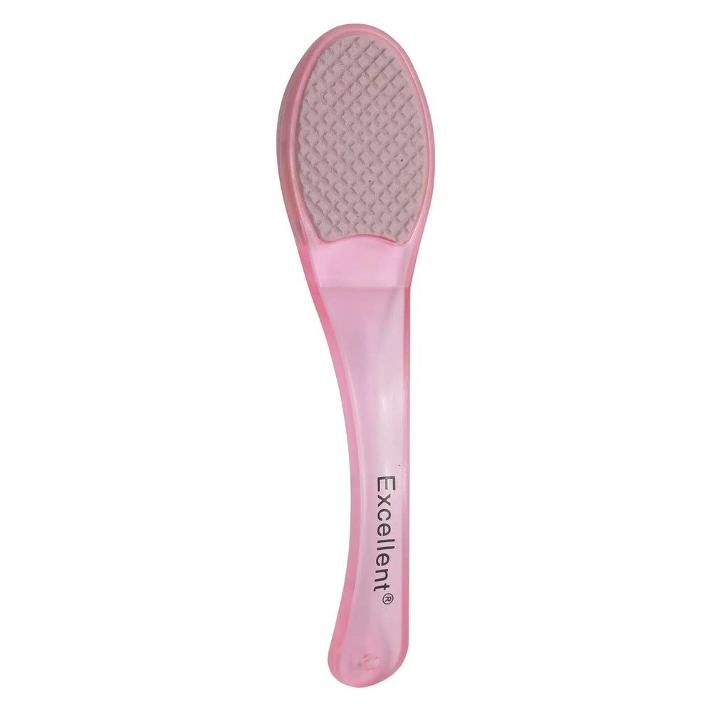 Rosa Hornhautraspel mit Griff. Der Raspelbereich ist oval und hat eine raue Oberfläche. Der Griff trägt den Schriftzug "Excellent".