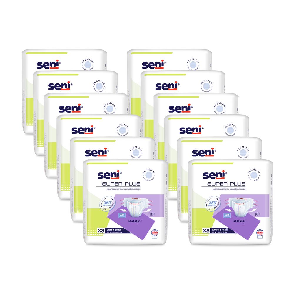 Mehrere Packungen Super Seni Plus Windeln, XS, in Folienverpackung. Seni-Logo und Produktbezeichnung sichtbar.