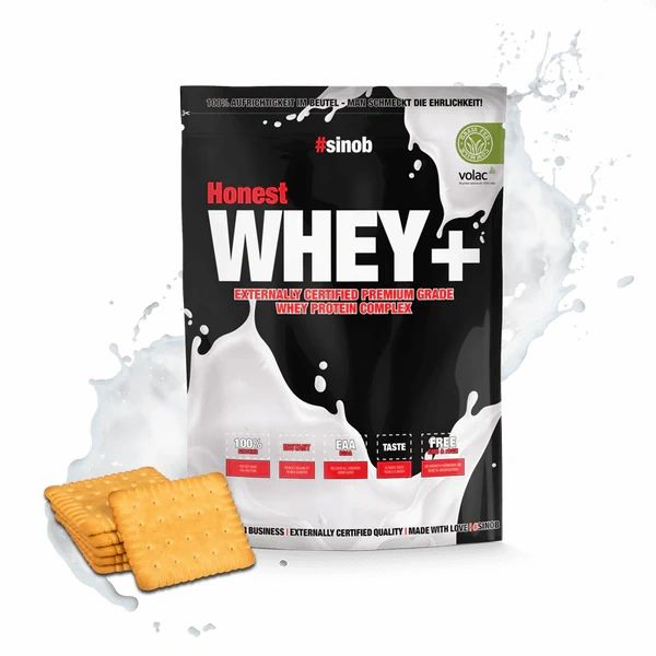 Schwarze Tüte mit "Honest WHEY+". Milchspritzer und Kekse. Aufdrucke: #sinob, volac, extern zertifiziert.
