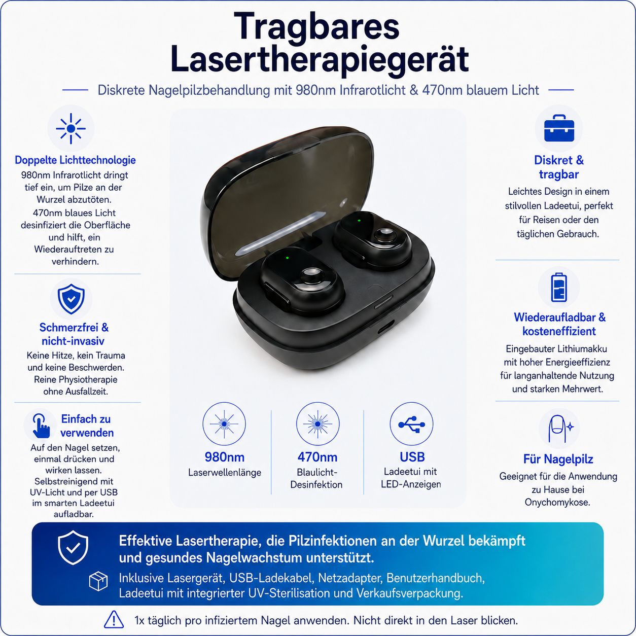 Produktinformationen auf Deutsch: Tragbares Lasertherapiegerät, Nagelpilzbehandlung.