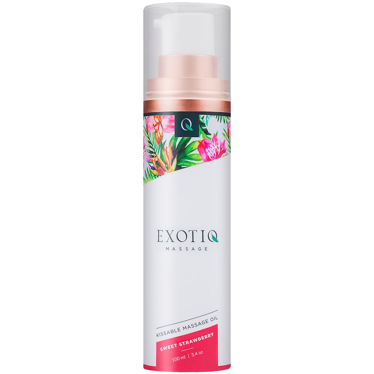 Weiß-rosa Flasche mit floralem Muster. Aufschrift: EXOTIQ Massage, Kissable Massage Oil, Sweet Strawberry. Mit Pumpkopf und Deckel.